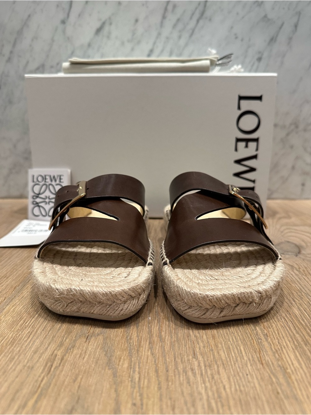 Loewe Petal Brown Espadrille Leather Buckle Slides - Picture 3 of 13